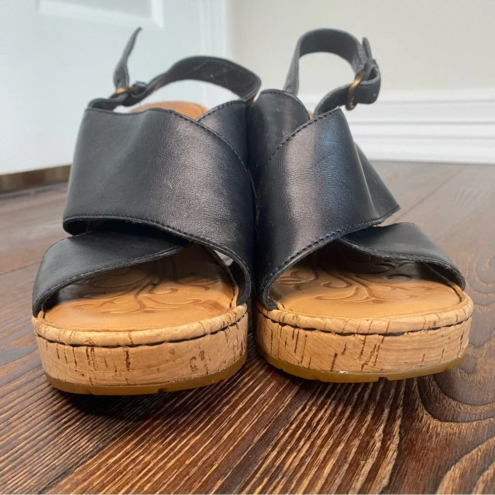 Born Black Leather Cork Wedge Sandals Heels Ankle Strap Casual Womens Shoes Sz 9